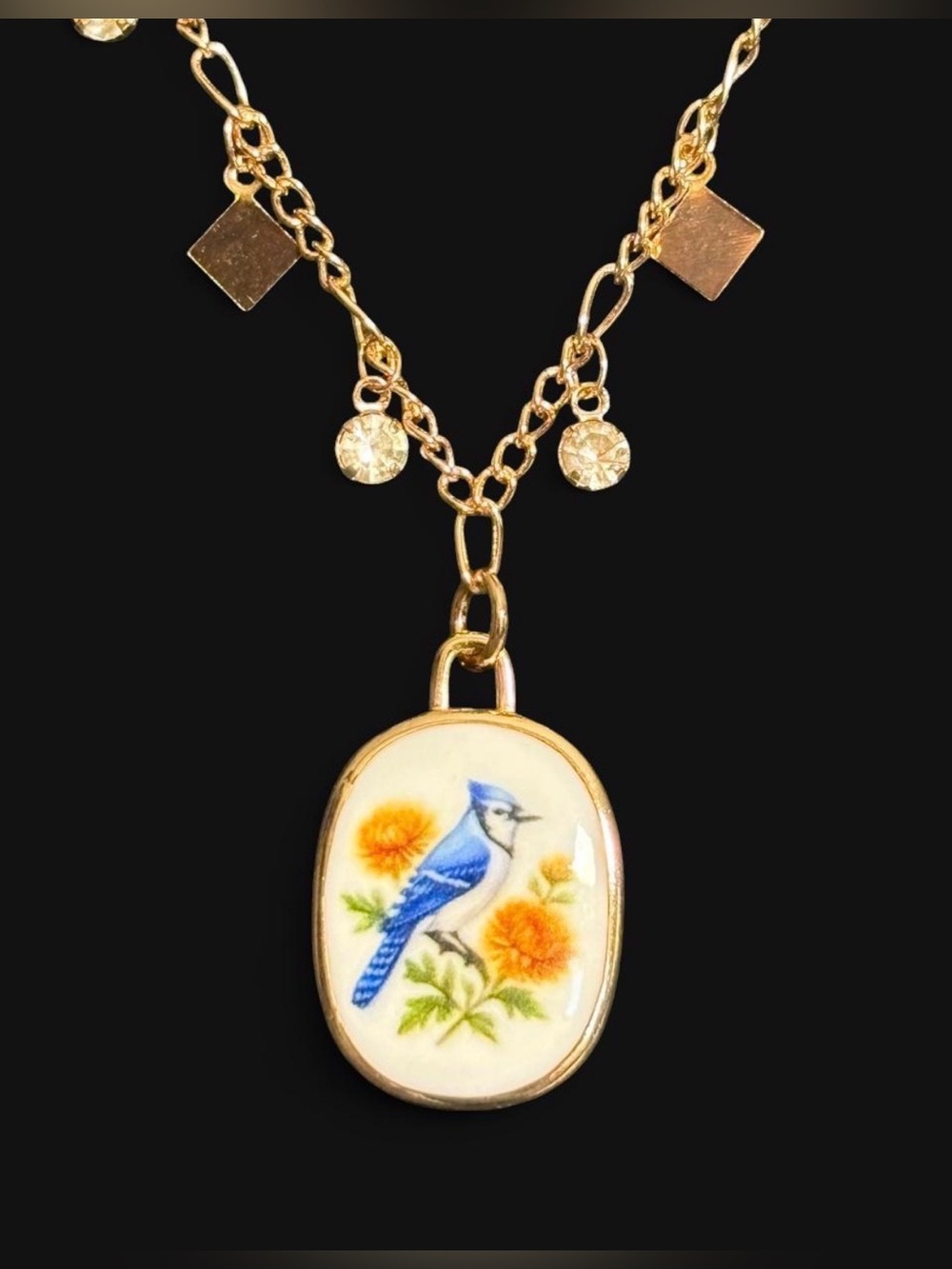 Drop Chain necklace small square drops w/ Floral & Bird 24k plated Oval Pendant